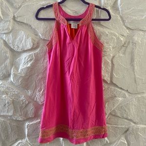 Gretchen Scott Pink Gold Trim Embroidered V Neck Midi Dress Small